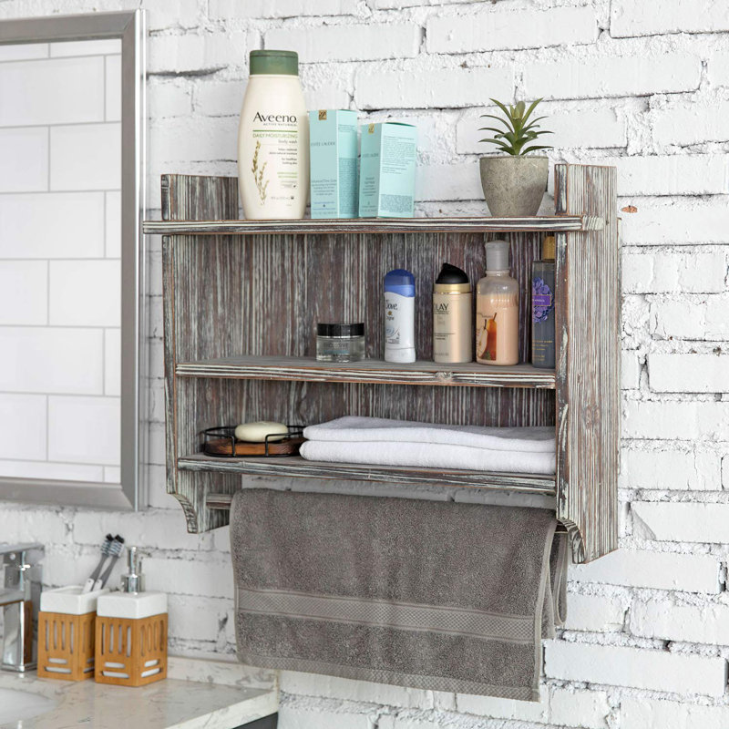 Loon Peak Torched Wood Wall Mounted 3 Tier Bathroom Shelf Storage Display Rack With 23 Inch Towel Bar Wayfair